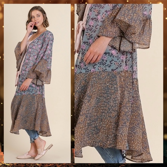 NWOT Umgee Mixed Print Bell Sleeves & Tie Front Kimono - Picture 5 of 5